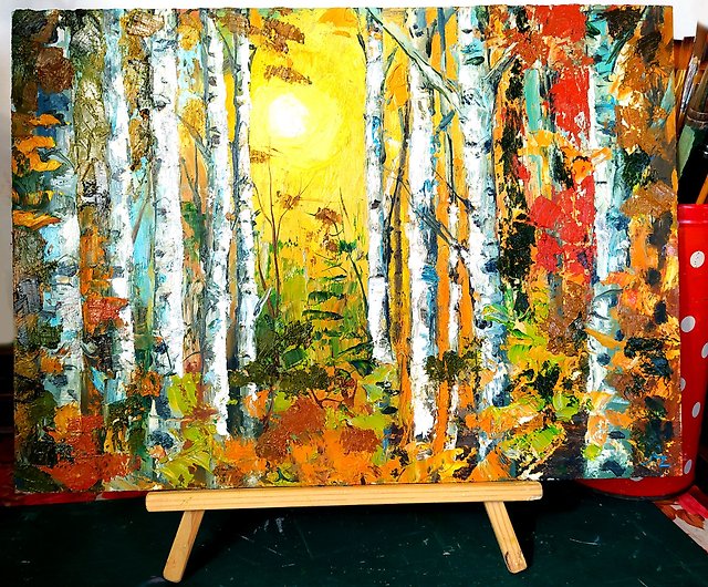 白樺の絵画の木オリジナルアート風景壁アート白樺の森の絵画油彩 ...