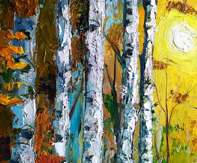 白樺の絵画の木オリジナルアート風景壁アート白樺の森の絵画油彩 ...