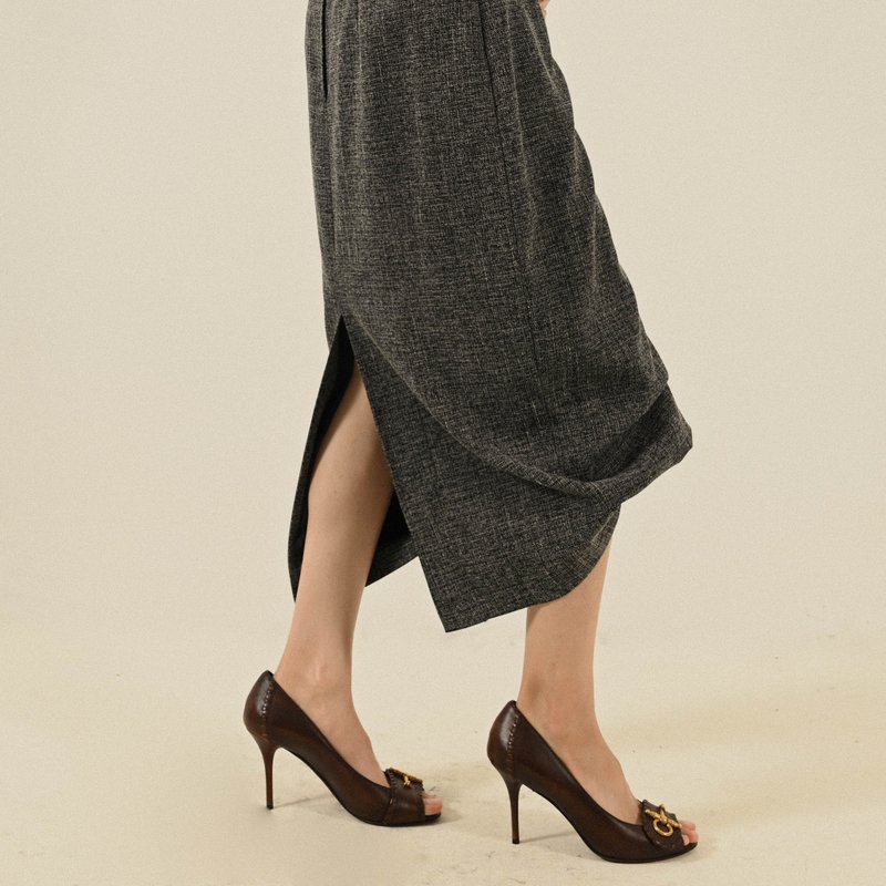 【NaSuBi Vintage】打褶設計緹花古著長裙 - 裙子/長裙 - 其他人造纖維 灰色