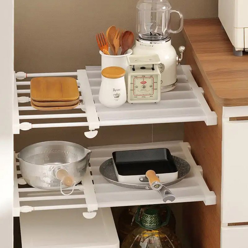 Lazy corner wide telescopic layered shelf (74-135cm)-3 pieces - กล่องเก็บของ - โลหะ ขาว