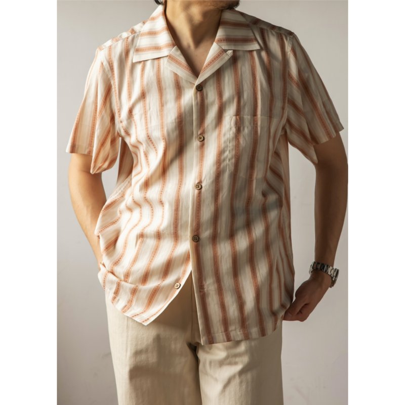 橘色條紋古巴領襯衫 短袖襯衫 提花布料 椰殼扣 戶外 上衣 Shirt - 男襯衫/休閒襯衫 - 棉．麻 多色