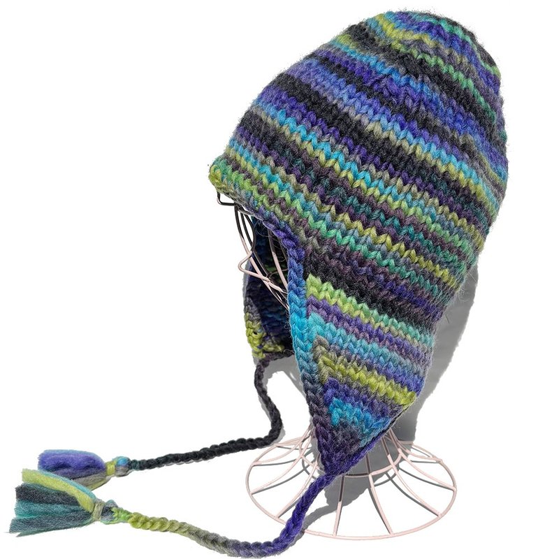 【ニットビーニー】イヤーフラップ チャンキービーニー - 帽子 - 羊毛 藍色