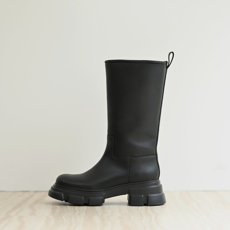 牛皮圓頭厚底鋸齒-中筒騎士絨里長靴-黑色 - 女短靴/中筒靴 - 真皮 黑色