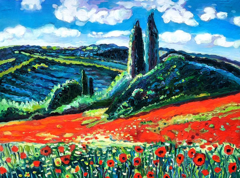 Italy  Art  Poppies of field Painting  Original Oil Art Wall Decor Oil On Canvas - 壁貼/牆壁裝飾 - 其他材質 紅色