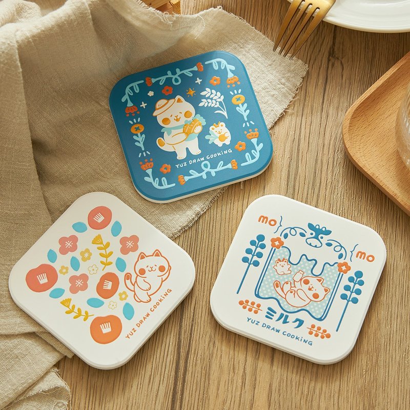 Bud Rice Cat Light Glaze Ceramic Coaster - Yuz Draw Cooking - ที่รองแก้ว - ดินเผา ขาว