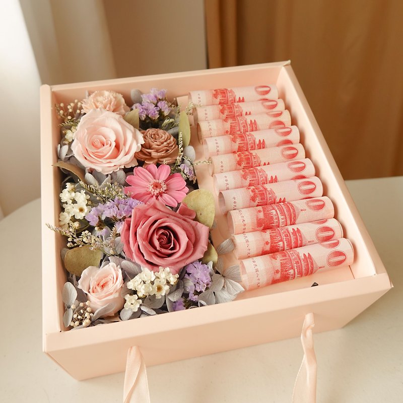 【母親節禮物】有錢花盒-方形粉色款 - 乾花/永生花 - 植物．花 粉紅色