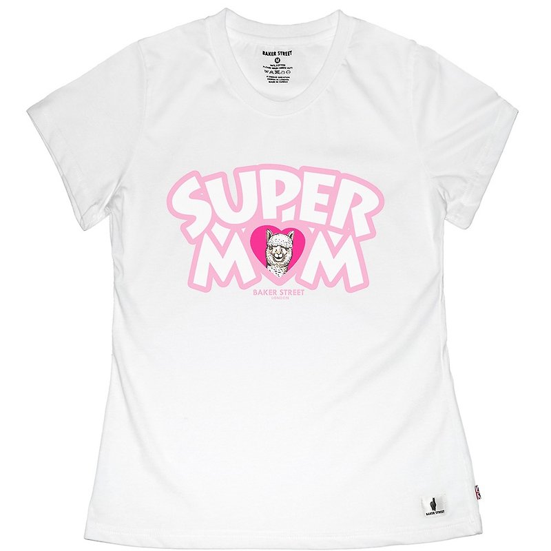 British Fashion Brand -Baker Street- Super Mom T-shirt - เสื้อยืดผู้หญิง - ผ้าฝ้าย/ผ้าลินิน ขาว