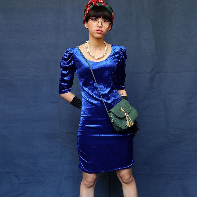 南瓜Vintage。古著絨面露背洋裝 - 禮服/小禮服 - 其他材質 藍色