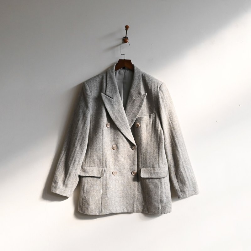 [Egg Plant Vintage] Wuyun Japanese-made herringbone vintage blazer - เสื้อสูท/เสื้อคลุมยาว - ขนแกะ สีเทา