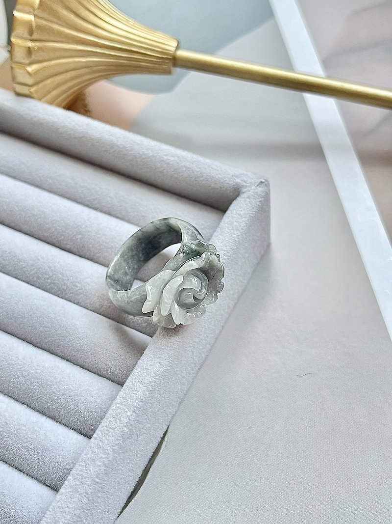 Natural Jadeite Type A - Black Jadeite Peony Flower Jade Ring gift - แหวนทั่วไป - หยก สีดำ