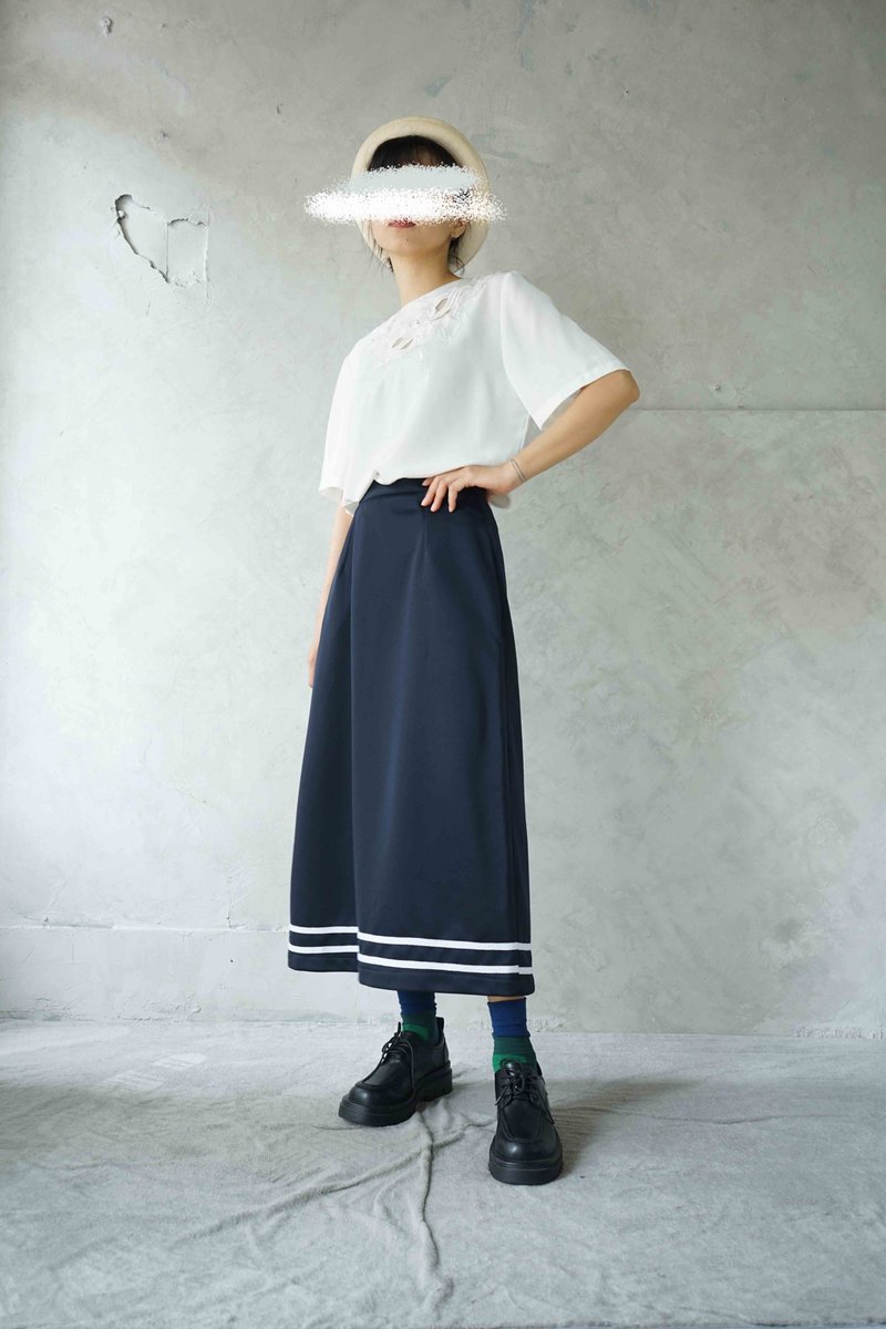 Design handmade-Japanese dark blue sailor suit A-line long skirt - กระโปรง - เส้นใยสังเคราะห์ สีน้ำเงิน