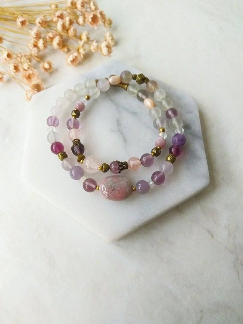 [Heart little treasure] plum blossom tourmaline fluorite watermelon crystal multi-circle double lap bracelet female gift - Bracelets - Gemstone Purple