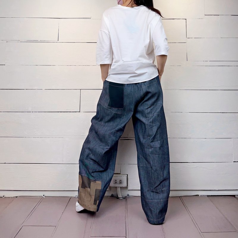 Denim-line stitched patchwork pants #T2267 - กางเกงขายาว - ผ้าฝ้าย/ผ้าลินิน สีน้ำเงิน