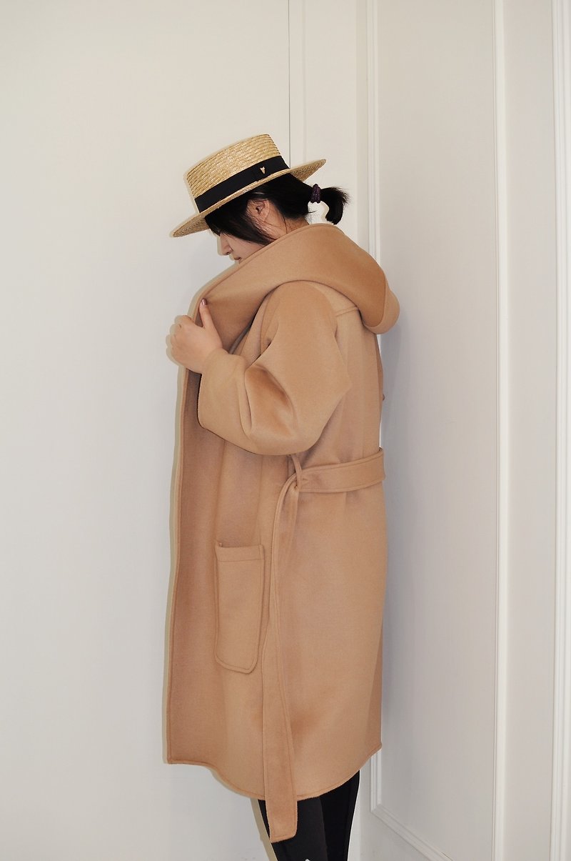 Flat 135 X Taiwan designer double-faced cashmere cloth hat coat jacket long version - Women's Casual & Functional Jackets - Wool Khaki