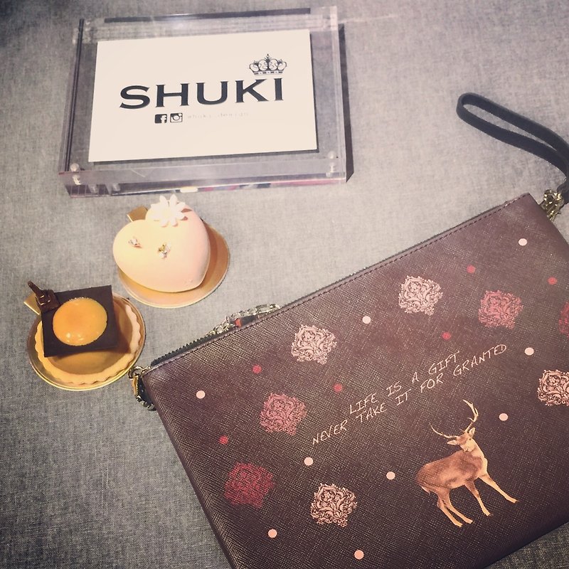 Elegant double-sided color printing pattern deer Clutch Elegant Deer Clutch by Shuki Design - Clutch Bags - Other Materials Brown