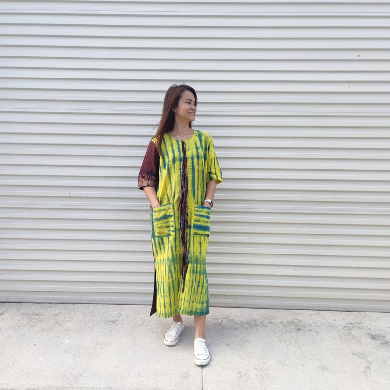 Yellow Brown Tie Dyed Cotton Dress - 洋裝/連身裙 - 棉．麻 黃色