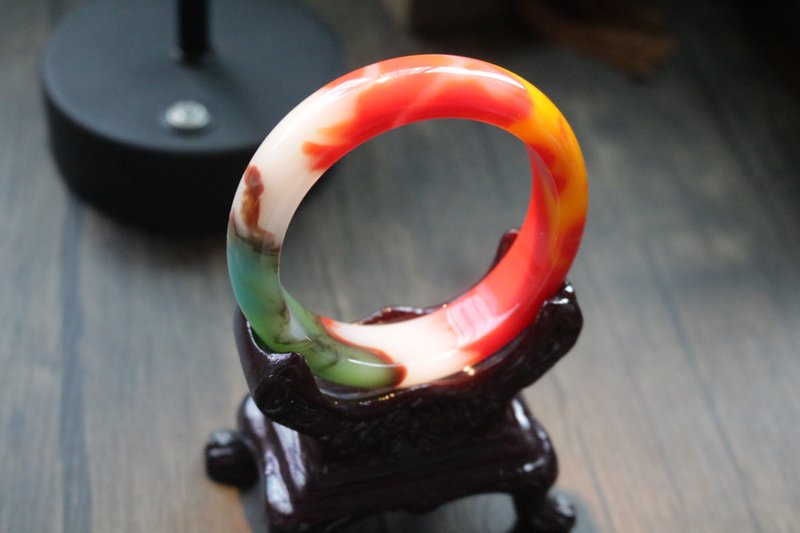 天然金絲玉彩玉手鐲雞血紅寶石鐲子 - 手鍊/手環 - 半寶石 多色