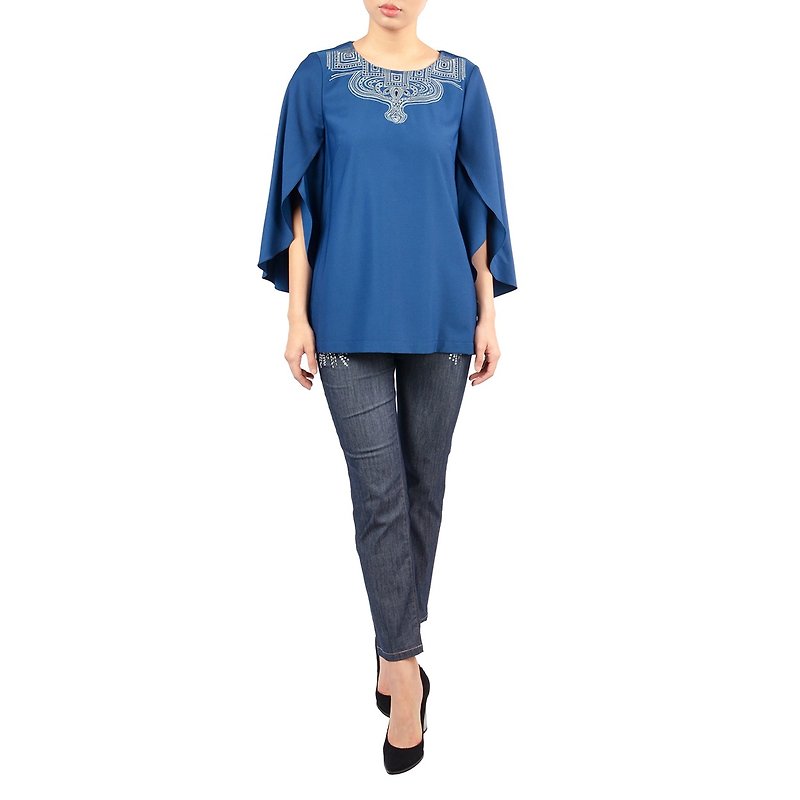 Embroidery collar flare sleeves shirt - Women's Tops - Other Materials Blue