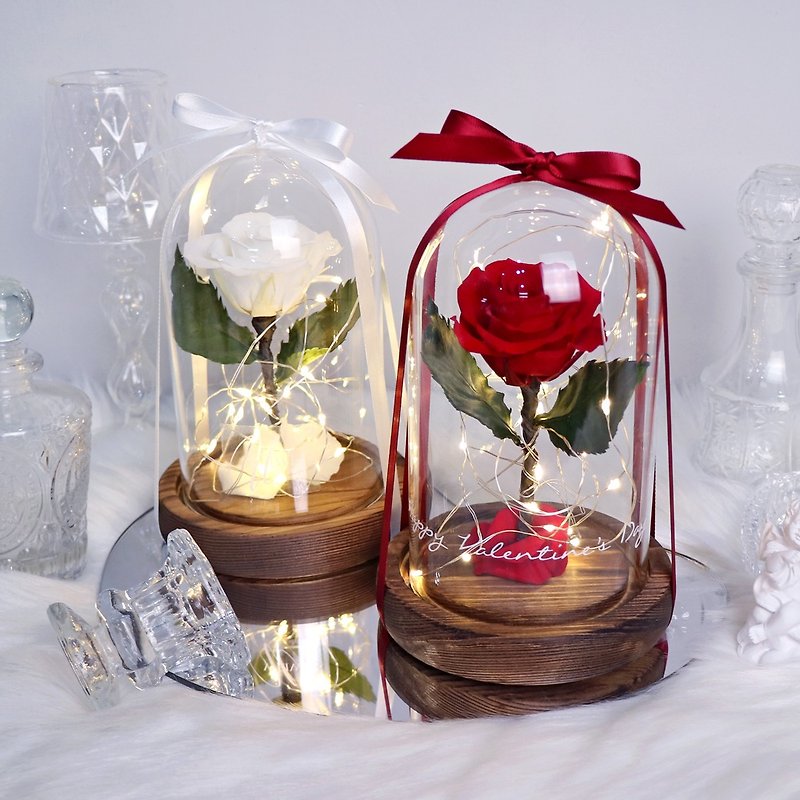 【獨家USB款】 LED單支玫瑰永生花玻璃鐘罩-寶石紅 - 乾花/永生花 - 植物．花 紅色