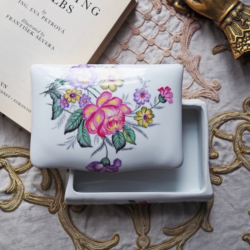20世紀初法國 Limoges 花卉圖案 書本形狀 大盒子 / 飾品盒 - 擺飾/家飾品 - 陶 粉紅色