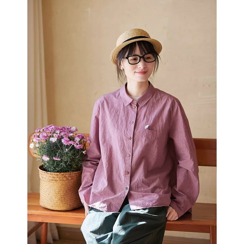 Dante powder imported sun-dried fabric linen cotton lapel small shirt - เสื้อเชิ้ตผู้หญิง - ผ้าฝ้าย/ผ้าลินิน 