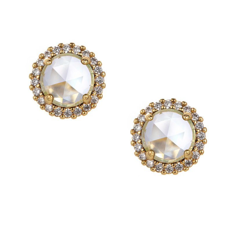 Rosie Stone earrings round shape set with zirconium diamonds classical rose cut precision plated 14k gold anti-allergic steel needle - Earrings & Clip-ons - Semi-Precious Stones Transparent