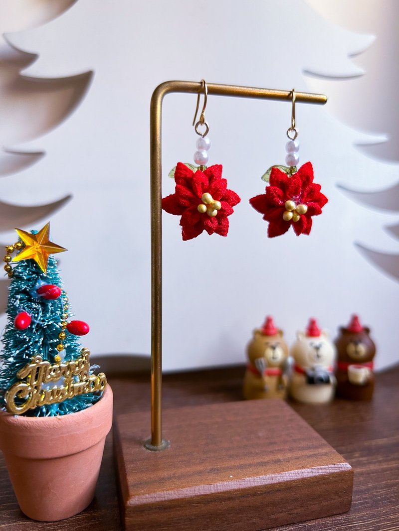 (Christmas ornaments) Christmas flower earrings and Clip-On - Earrings & Clip-ons - Cotton & Hemp Red