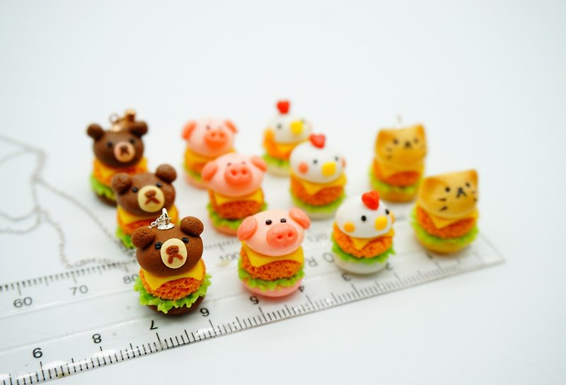 動物芝士漢堡包項鍊吊墜袖珍食玩小雞粉紅豬棕熊貓咪漢堡項鍊 - 項鍊 - 黏土 多色