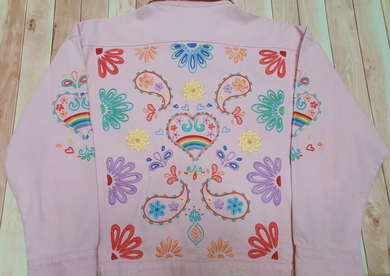 手工刺繡夾克、棉織物、佩斯利、花朵、彩虹、心形 - 女大衣/外套 - 繡線 粉紅色