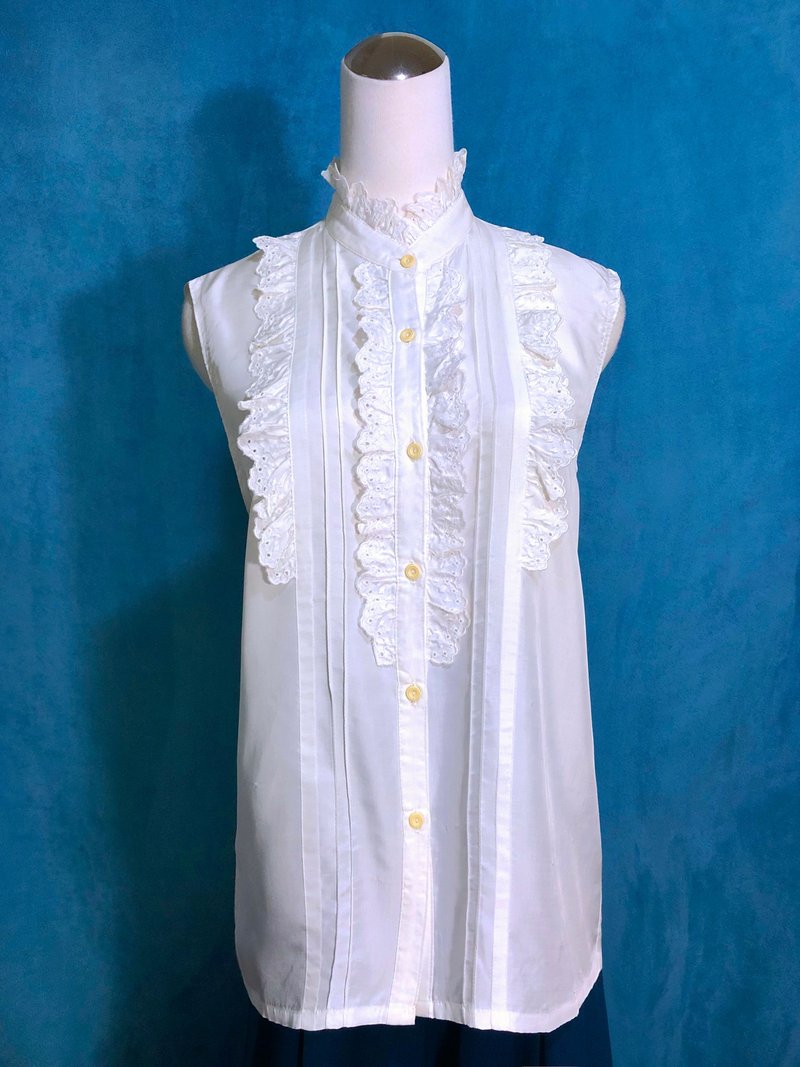 宮廷領刺繡無袖古著襯衫/ VINTAGE - 女襯衫 - 聚酯纖維 白色