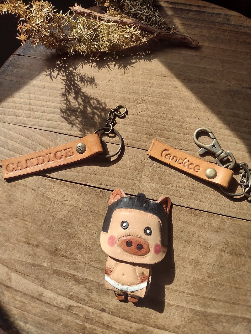 12 Zodiac of the cute and shy sumo pig pure leather key ring can be engraved (for lovers, birthday gifts) - ที่ห้อยกุญแจ - หนังแท้ สีส้ม