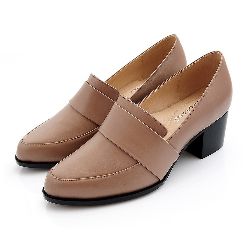 Wheat MIT full genuine leather plain thick heel loafers - Women's Oxford Shoes - Genuine Leather 