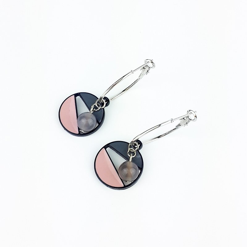 |Geometry Series|Geometric Pattern Dark Gray Pink Agate (Earrings x Ear Clips x Handmade x Customized) - Earrings & Clip-ons - Gemstone Multicolor