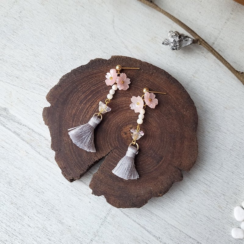 Cherry Blossom Tassel Mini Shell Bead Earrings Pendant Retro Style 14k Gold Plated Earrings and Clip-On - Earrings & Clip-ons - Pearl Pink