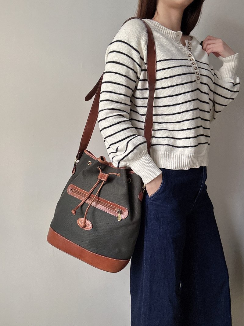 中古正品 Bally 帆布拼真皮水桶包 斜背包 旅行包 男女適用 - 側背包/斜背包 - 真皮 咖啡色