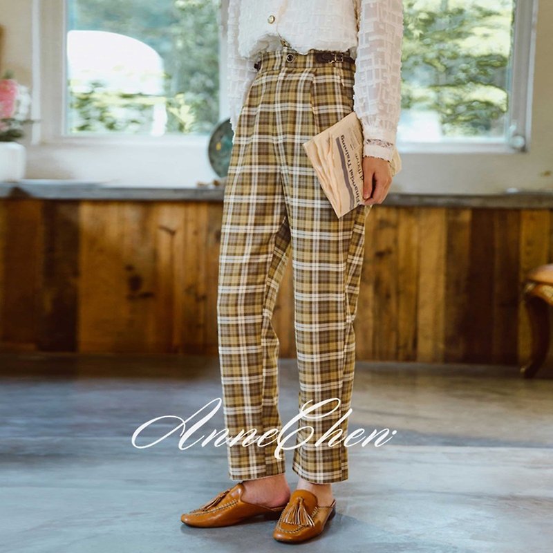 Upholstery buckle Plaid nine point radish pants are loose and thin - Women's Pants - Other Materials Orange
