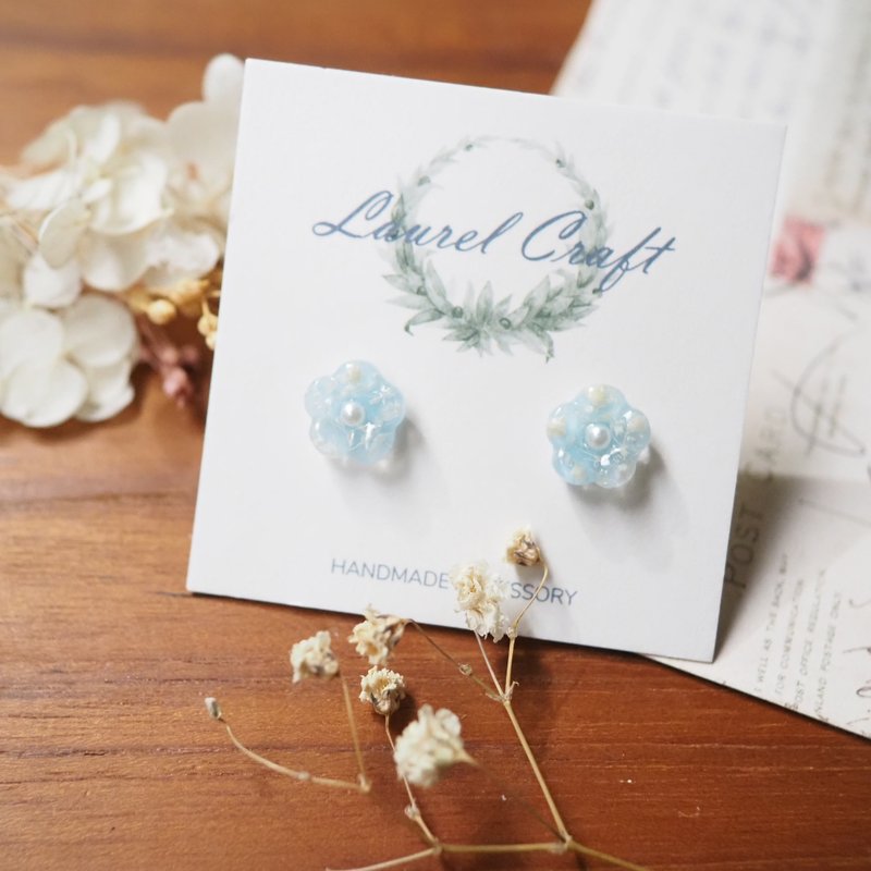 Morandi series plum flower blue colors 925 silver earrings/ clip on - อื่นๆ - พืช/ดอกไม้ สีน้ำเงิน