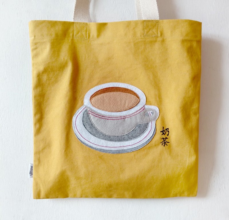 Milk Tea, Handmade Yellow/ Beige Canvas Tote Bag - กระเป๋าแมสเซนเจอร์ - วัสดุอื่นๆ สีเหลือง