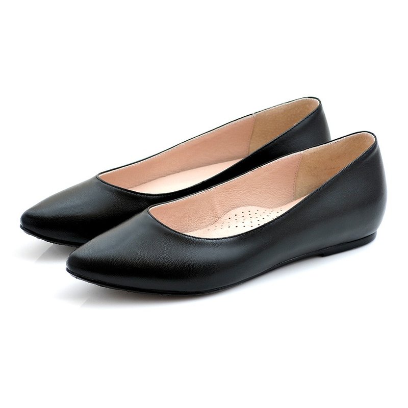 Black full leather pointed toe heightened wedge shoes - รองเท้าหนังผู้หญิง - หนังแท้ 