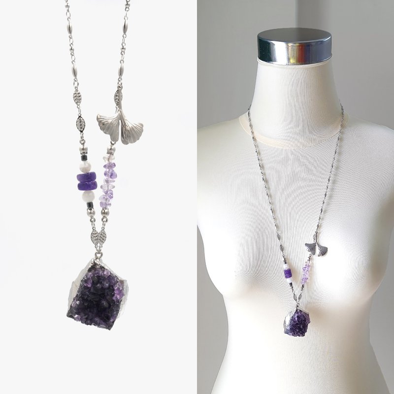 Dark Purple Druzy Amethyst Raw Crystal Stone Long Necklace with Ginkgo Leaf - Necklaces - Crystal Purple