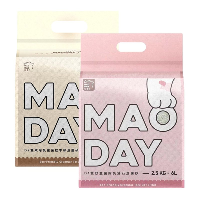 毛商行 Maoday 雙效益菌除臭礦型豆腐砂2.5kg 沸石+松木組合 6入 - 貓砂/貓砂盆/墊 - 環保材質 多色