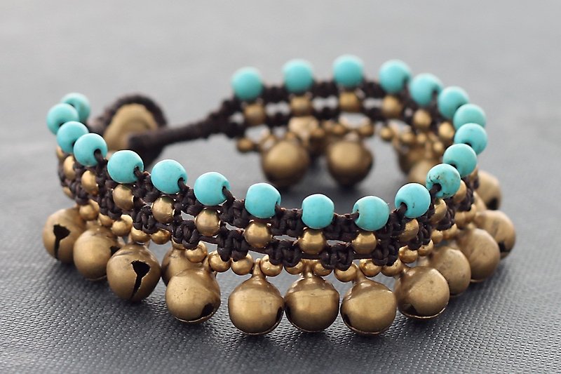 Brass Turquoise Lace Dangle Bell Drop Bracelet Hand Woven Hippy Bracelets  - Bracelets - Other Metals Gold