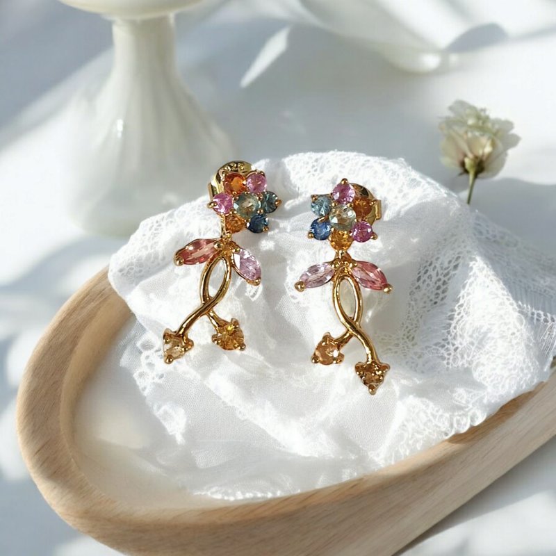 Multi-color tourmaline flower lover earrings, height 2.2 cm, silver 925 setting - Earrings & Clip-ons - Gemstone Multicolor