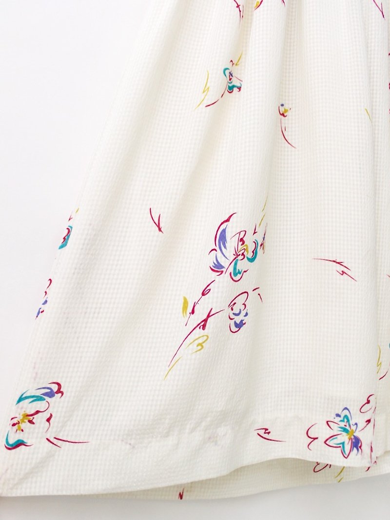 【RE0322D1047】日本製森林系甜美印花米白色短袖春夏古著洋裝 - 洋裝/連身裙 - 聚酯纖維 白色
