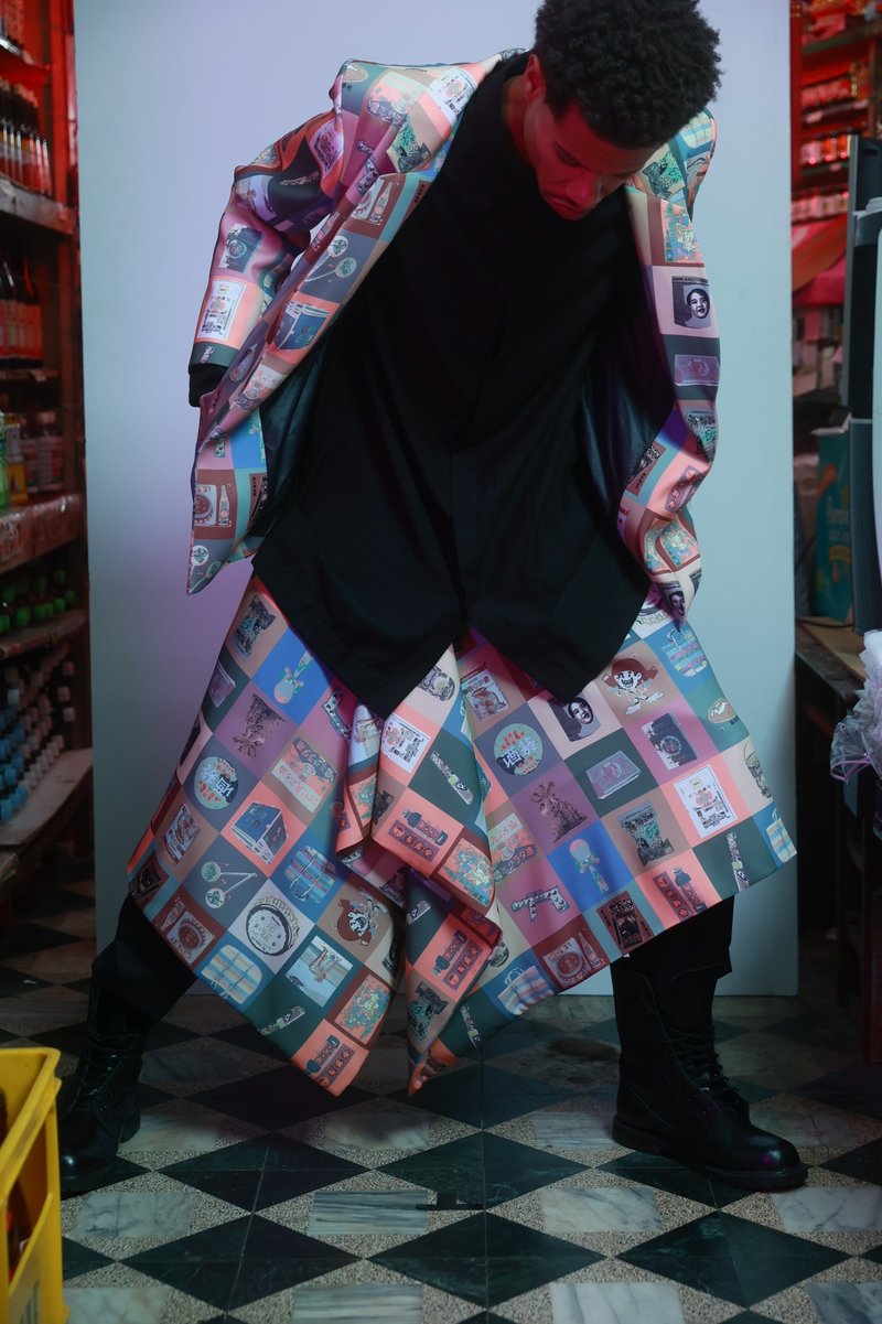 21AW  不規則毛邊長裙 復古柑仔店印花 - 裙子/長裙 - 聚酯纖維 多色