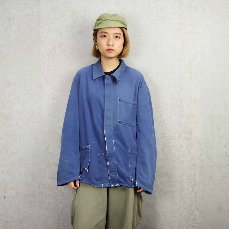 Tsubasa.Y Antique House 004 Washed Blue Work Shirt, Workwear Shirt Top Jacket - เสื้อเชิ้ตผู้ชาย - ผ้าฝ้าย/ผ้าลินิน สีน้ำเงิน