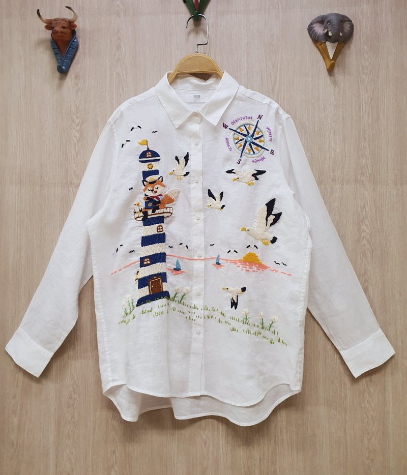 Hand Embroidery Shirt, Linen, Lighthouse, Fox, Ship, Ocean, Sea - Women's Tops - Thread White