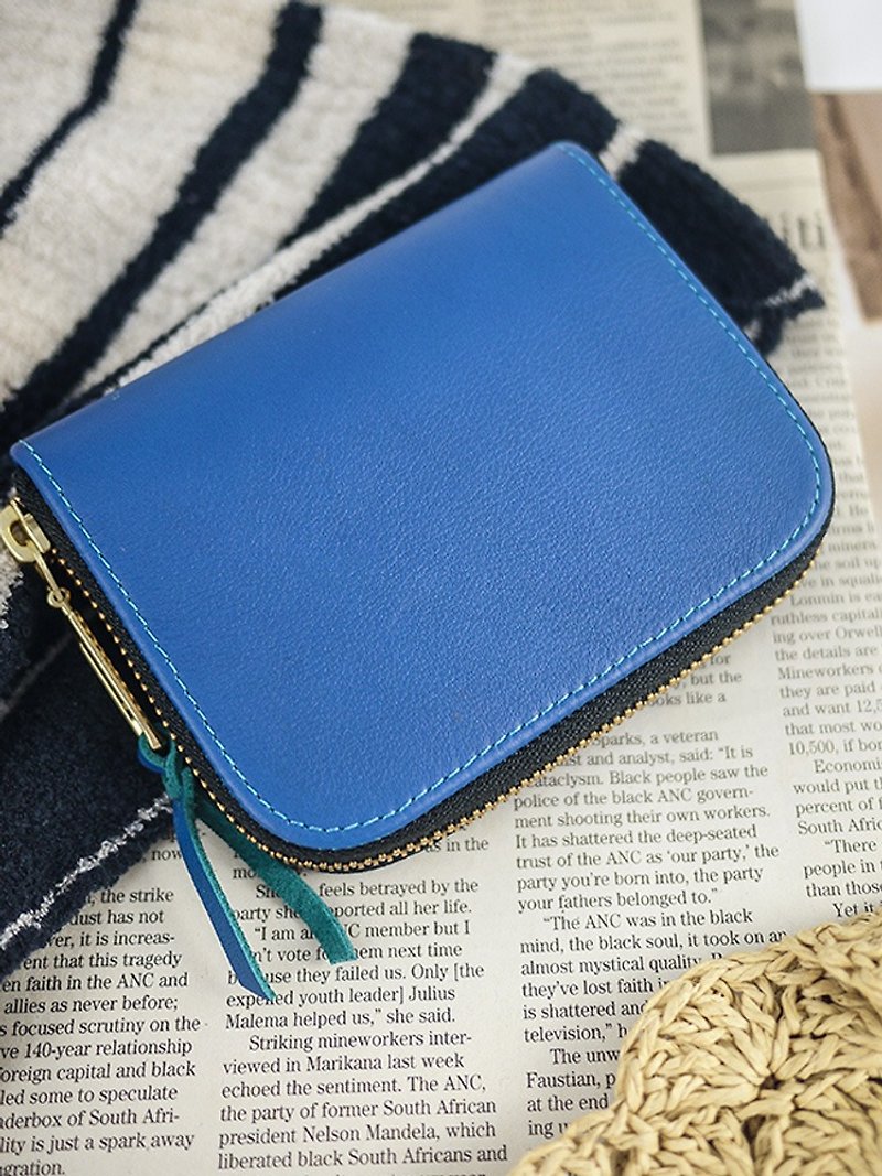 Blue. Classic leather short clip / wallet / wallet / purse - กระเป๋าสตางค์ - หนังแท้ สีน้ำเงิน