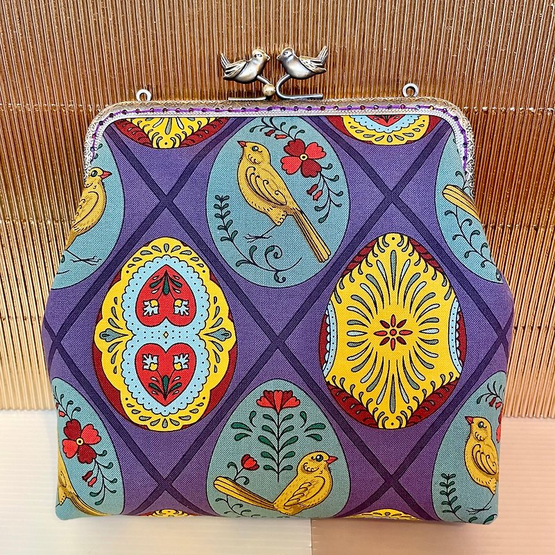 Yellow Warbler hand-sewn gamaguchi shoulder bag - Messenger Bags & Sling Bags - Cotton & Hemp Purple