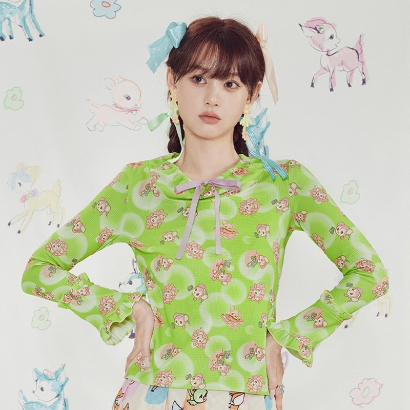 アウトレット品【テンテンツツ × 清水】かわいいクマの幾何学プリント シャツ 2023 AW - 女 T 恤 - 聚酯纖維 綠色